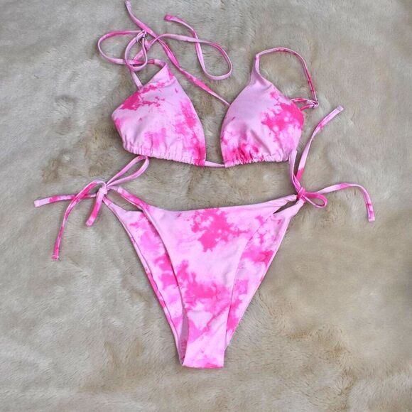 Zanful Pink Tie Dye Print Hot Pink Strappy Bikini Size Large - Picture 2 of 7